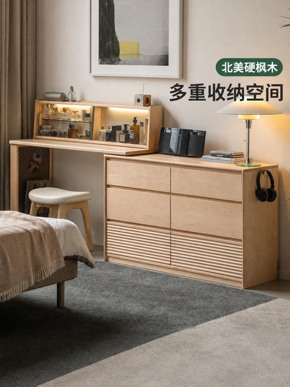 实木化妆桌现代简约硬枫木斗柜梳妆台卧室伸缩化妆台