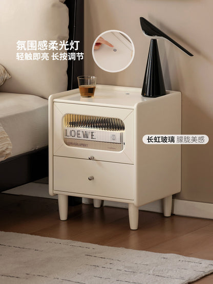 实木床头柜现代简约夜光储物柜卧室白色奶油风收纳柜
