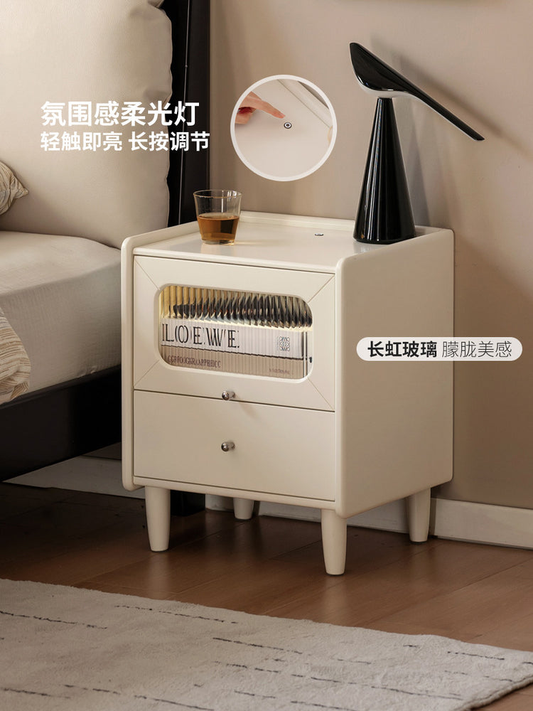 实木床头柜现代简约夜光储物柜卧室白色奶油风收纳柜