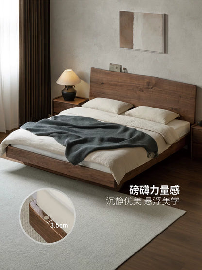 实侘寂风黑胡桃木床自然边双人床简约卧室大床