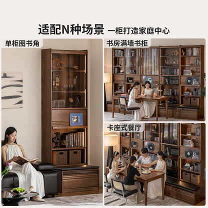 实木组合书柜黑胡桃木落地展示柜书房轻奢风书架置物柜