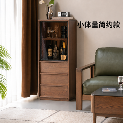 实木边柜黑胡桃木带灯展示柜落地储物柜客厅小户型立柜