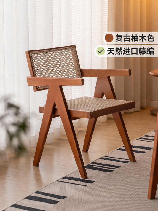 实木餐椅餐厅中古风扶手椅复古藤编椅休闲靠背椅子