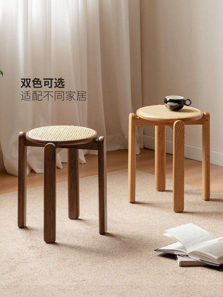实木圆凳餐厅复古藤编小户型堆叠凳胡桃色小凳子