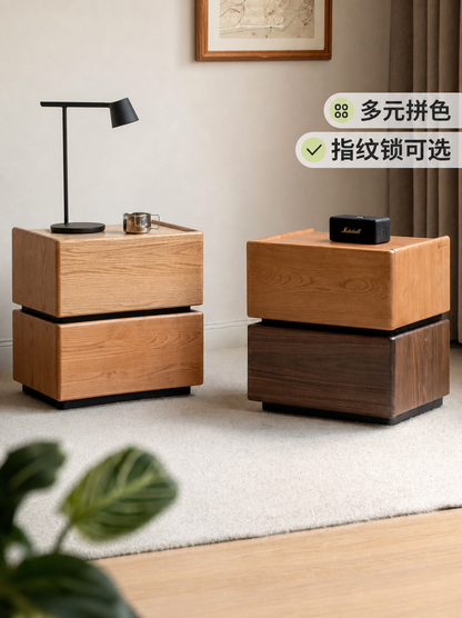 实木床头柜拼色简约床边柜卧室储物柜橡木带锁床尾柜