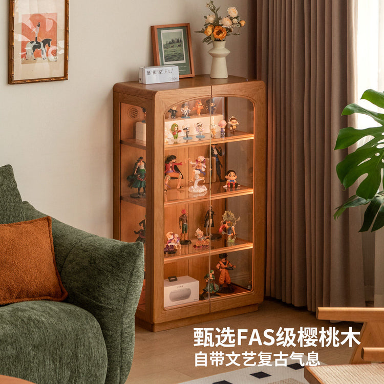 实木边柜客厅樱桃木落地柜复古靠墙置物柜带灯展示柜