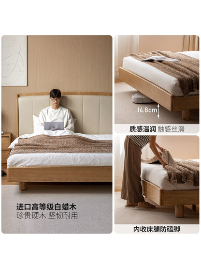 实木床简约白蜡木高床头卧室软靠床原木风大床悬浮软包床