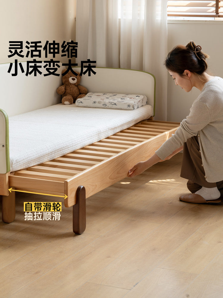 实木儿童伸缩床卧室软包护栏拼接床多功能蒙氏地台床