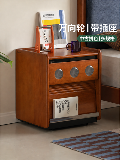 可移动实木床头柜中古风两抽置物柜卧室带插座收纳储物柜