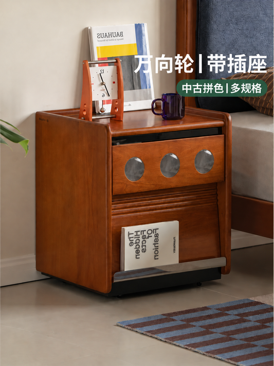 可移动实木床头柜中古风两抽置物柜卧室带插座收纳储物柜