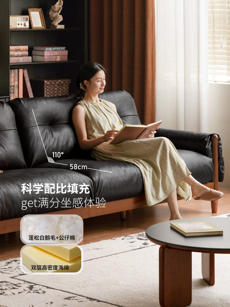 实木客厅美式复古直排沙发小户型黑色真皮沙发