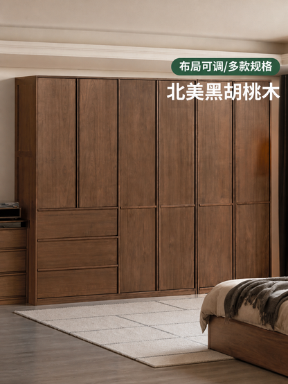 实木衣柜意式轻奢黑胡桃木衣橱卧室对开门收纳储物柜