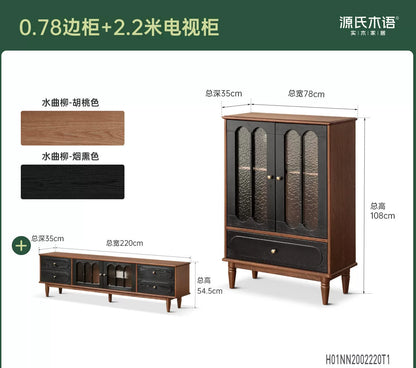 实木电视柜边柜客厅法式复古收纳储物柜胡桃色展示柜
