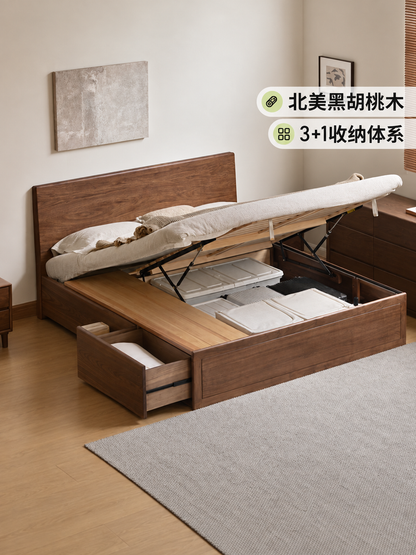 实木床简约黑胡桃木抽屉箱体床卧室复古原木储物双人床