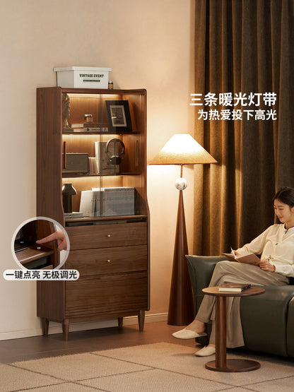 实木书柜轻奢黑胡桃木储物柜书房置物柜带灯展示柜