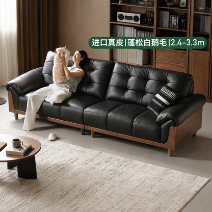 实木客厅复古黑色真皮沙发黑胡桃木小户型直排沙发