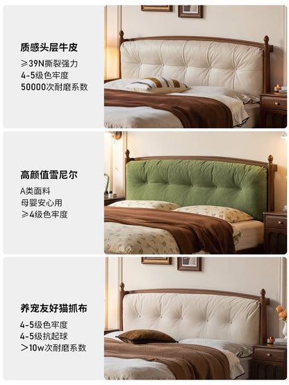 实木床法式中古真皮床卧室黑胡桃木软靠床1米8双人床
