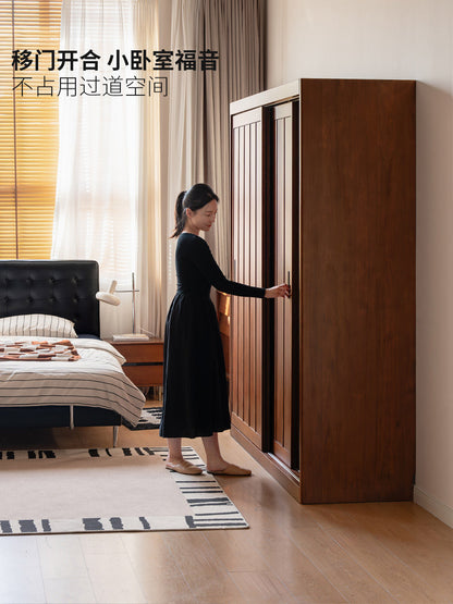 实木衣柜卧室复古储物柜中古风收纳柜小户型推拉门衣橱
