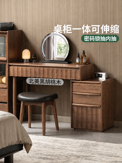 实木化妆桌卧室轻奢黑胡桃木梳妆台密码锁伸缩化妆台