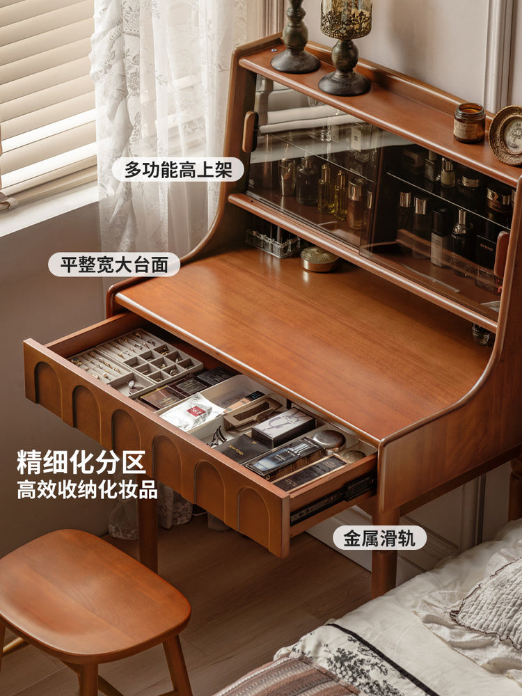 实木化妆桌法式复古多功能梳妆台卧室中古风化妆台