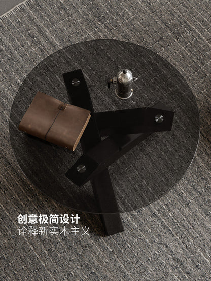 实木茶几客厅意式轻奢玻璃圆几小户型黑色创意茶台