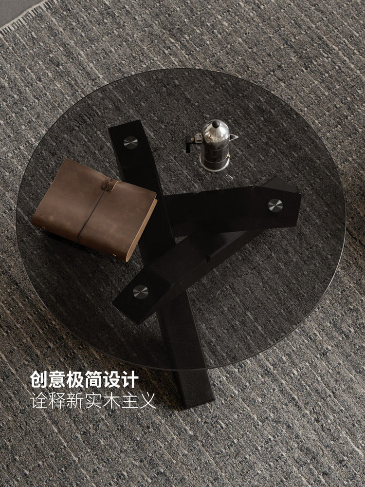实木茶几客厅意式轻奢玻璃圆几小户型黑色创意茶台