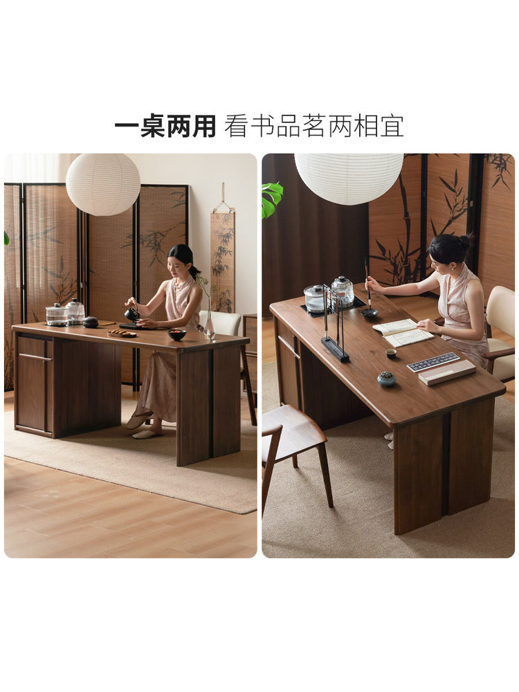实木茶桌客厅新中式茶台茶盘一体黑胡桃木长方形书桌