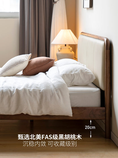 黑胡桃木大床北欧主卧实木双人床现代简约头层牛皮软靠床