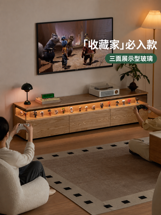 实木电视柜客厅现代简约收纳储物地柜落地带灯手办展示柜