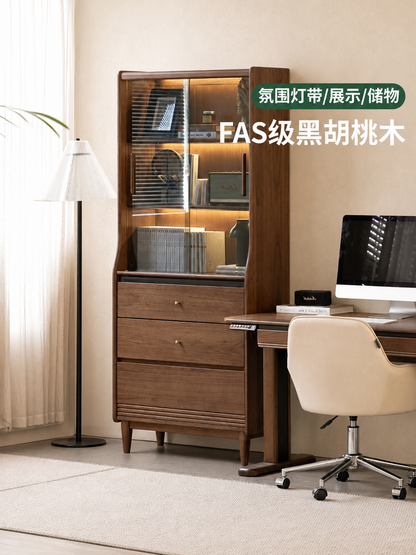 实木书柜轻奢黑胡桃木储物柜书房置物柜带灯展示柜