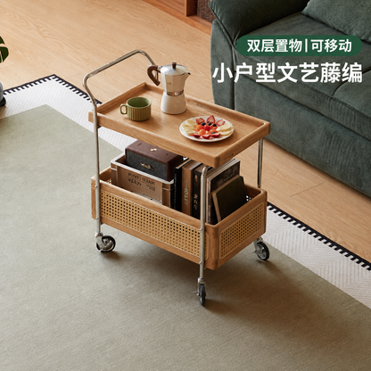 实木边几客厅现代简约双层置物小茶几藤编移动小推车