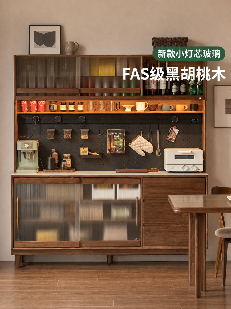 实木餐边柜黑胡桃木厨房储物柜多功能带灯边柜茶水柜
