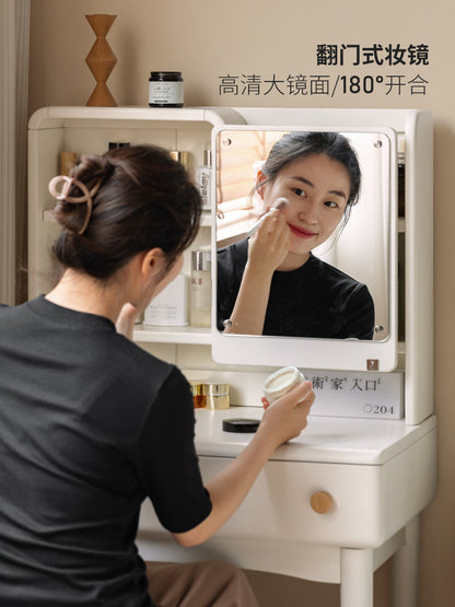 实木梳妆台奶油风卧室化妆桌简约白色化妆台带妆镜