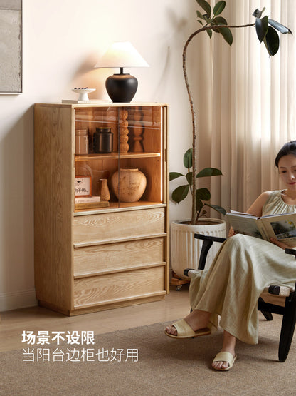 实木边柜侘寂风骨骼线储物柜客厅落地展示柜白蜡木立柜
