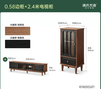 实木电视柜边柜客厅法式复古收纳储物柜胡桃色展示柜