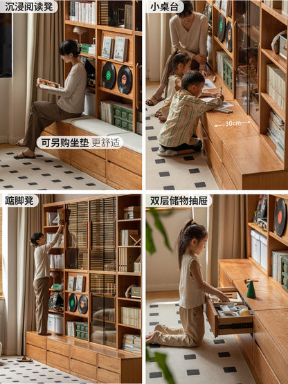 实木卡座书柜樱桃木书房复古风组合玻璃柜满墙收纳柜