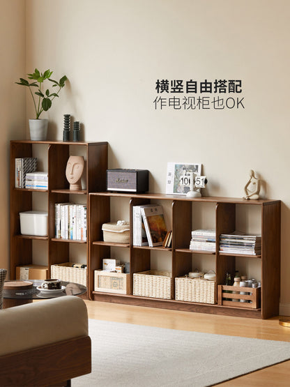 实木书架置物架自由组合格子柜落地展示架黑胡桃定制书柜