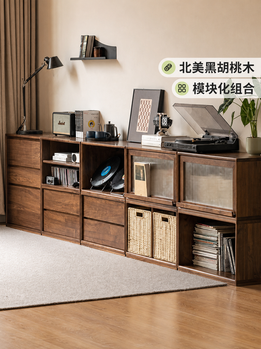 实木电视柜简约模块组合收纳储物柜客厅地柜黑胡桃木书柜