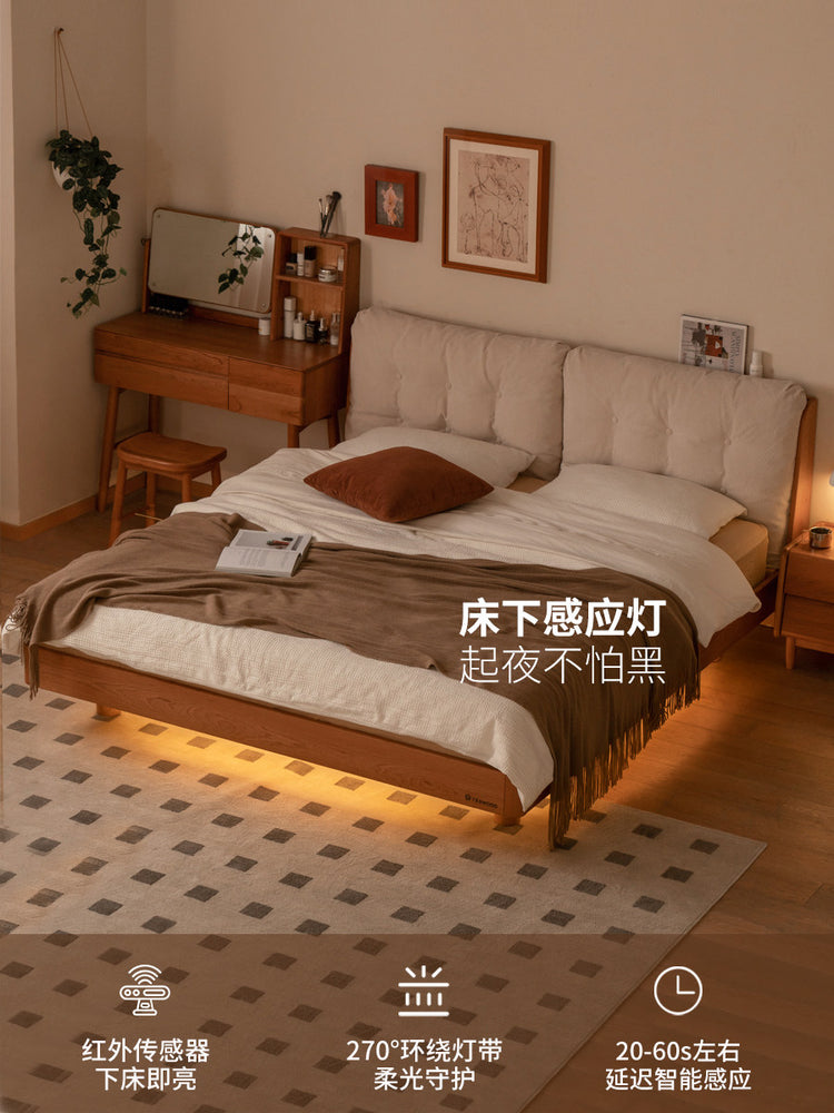 实木床樱桃木主卧双人床简约布艺软靠床悬浮夜光大床
