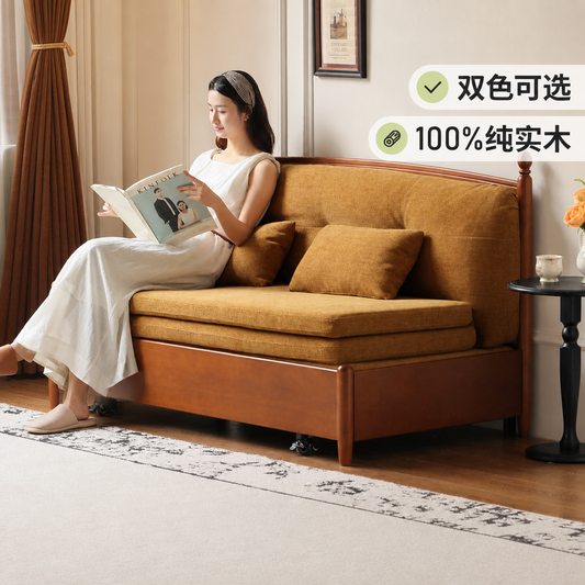 实木伸缩沙发床客厅法式中古坐卧两用沙发复古折叠床