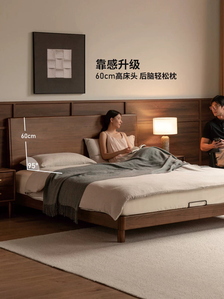 实木床现代简约大板床卧室黑胡桃木双人床小户型齐边床