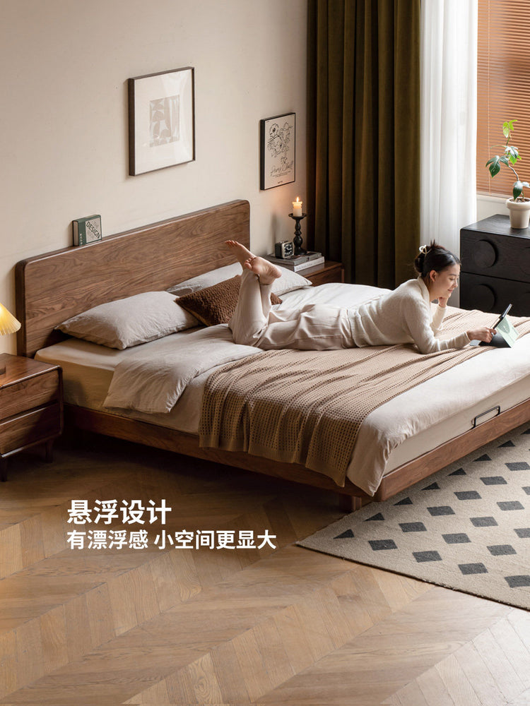 实木床双人床现代简约小户型齐边床黑胡桃木大板床悬浮床