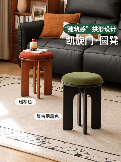 实木圆凳餐厅法式复古软包凳橡木黑色休闲凳吃饭凳子