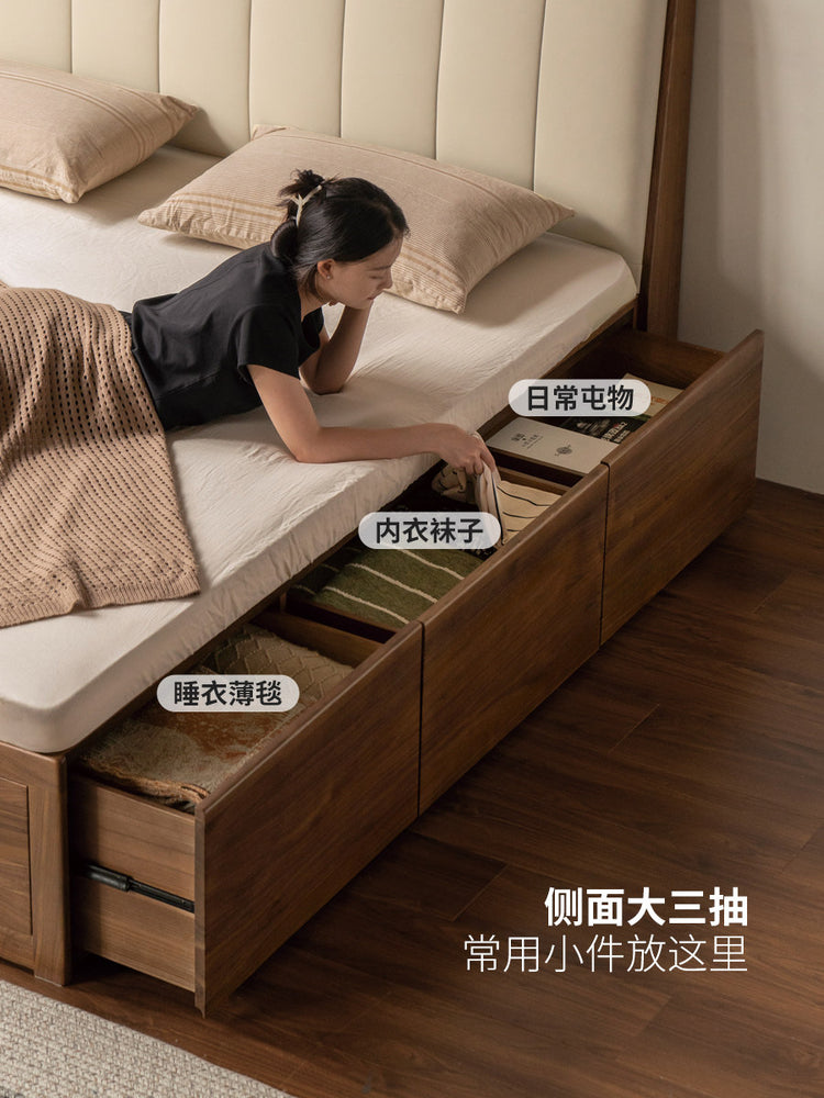 实木床意式轻奢软靠床卧室黑胡桃木双人床储物箱体床