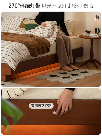 实木床卧室复古榻榻米储物床小户型带灯箱体床中古悬浮床