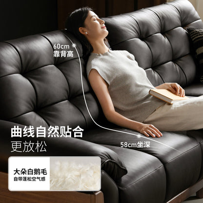 实木客厅复古黑色真皮沙发黑胡桃木小户型直排沙发