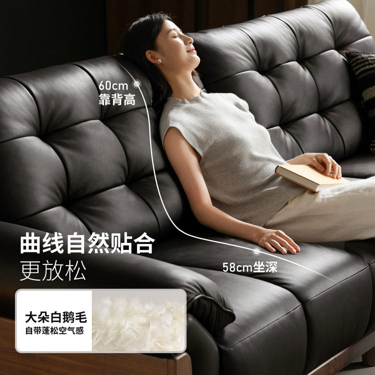 实木客厅复古黑色真皮沙发黑胡桃木小户型直排沙发