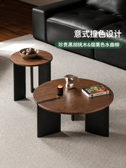 实木茶几客厅意式轻奢小户型边几黑胡桃木创意组合圆几