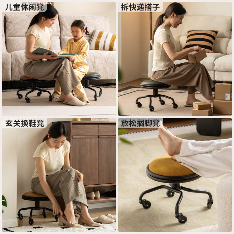 换鞋凳中古风移动圆凳客厅胡桃色小凳子小户型软包凳