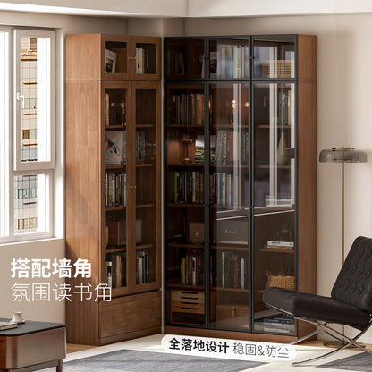 实木书柜胡桃色玻璃展示柜书房落地防尘柜靠墙储物柜